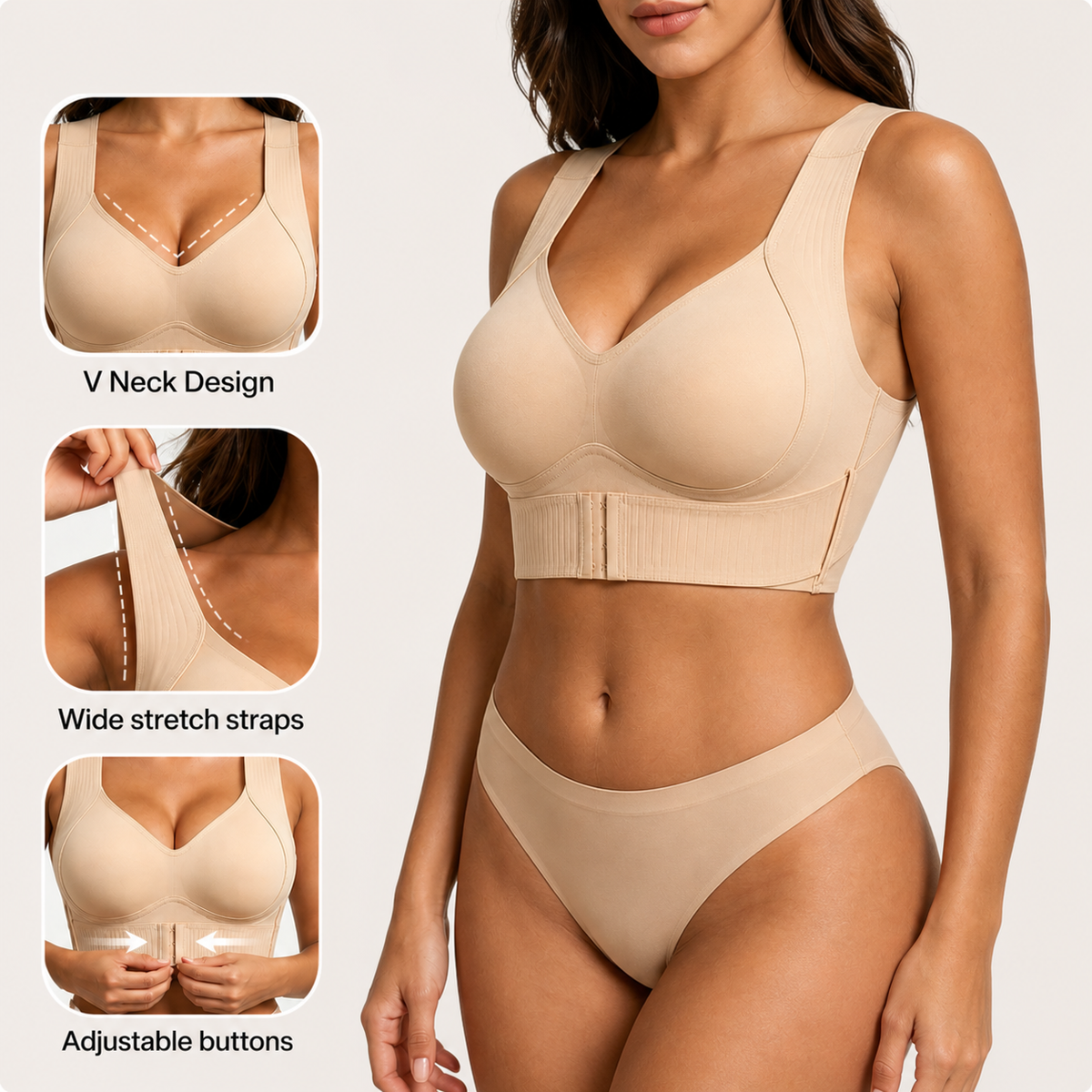 Details of the nude Sollevia bra: V neckline, wide stretch straps, adjustable hooks