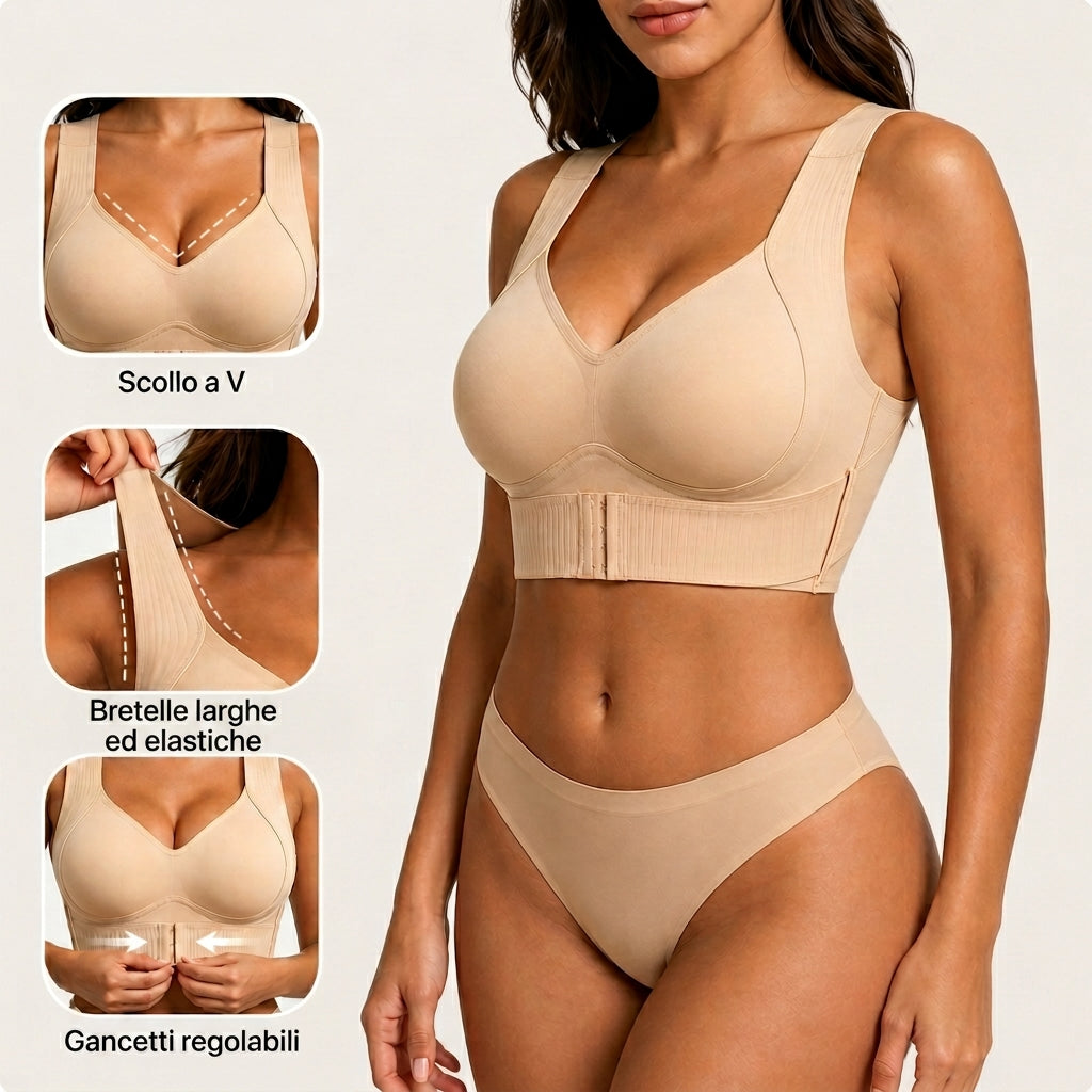 Dettagli del reggiseno Sollevia nude: scollo a V, bretelle larghe ed elastiche, gancetti regolabili