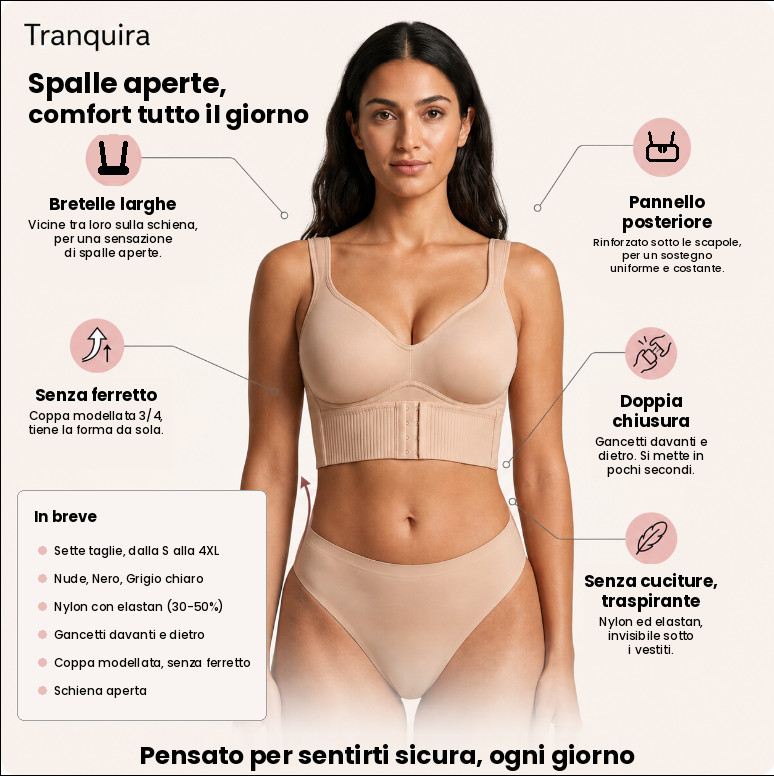 Infografica del reggiseno Sollevia nude: bretelle larghe, pannello posteriore, doppia chiusura, senza cuciture