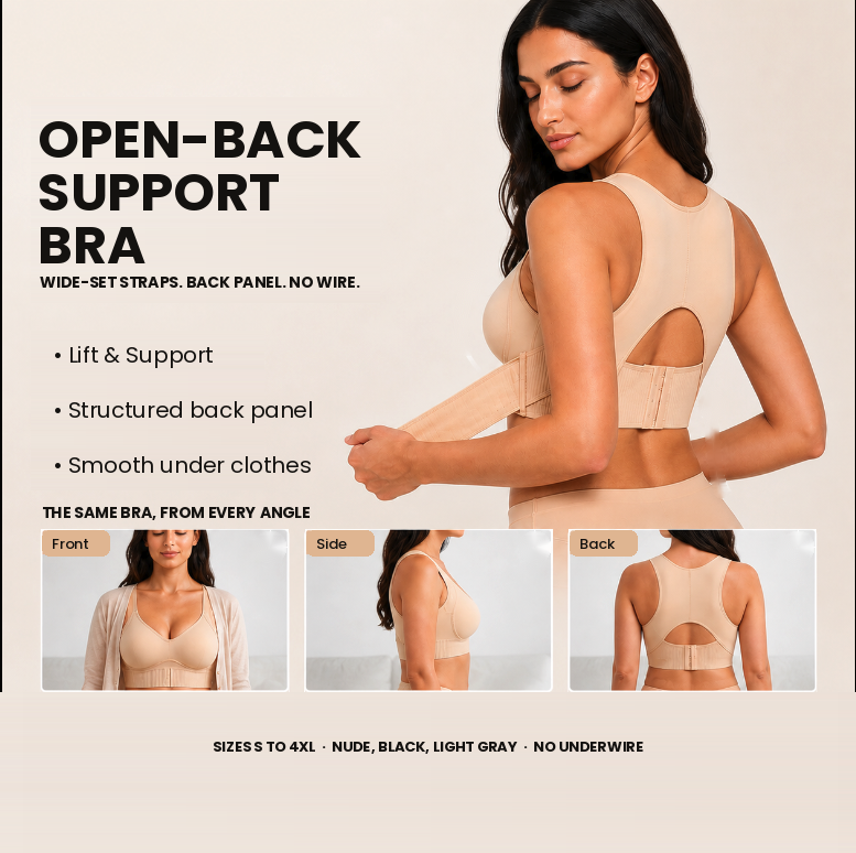 Nude Sollevia bra shown from the front, the side and the back, with the back panel