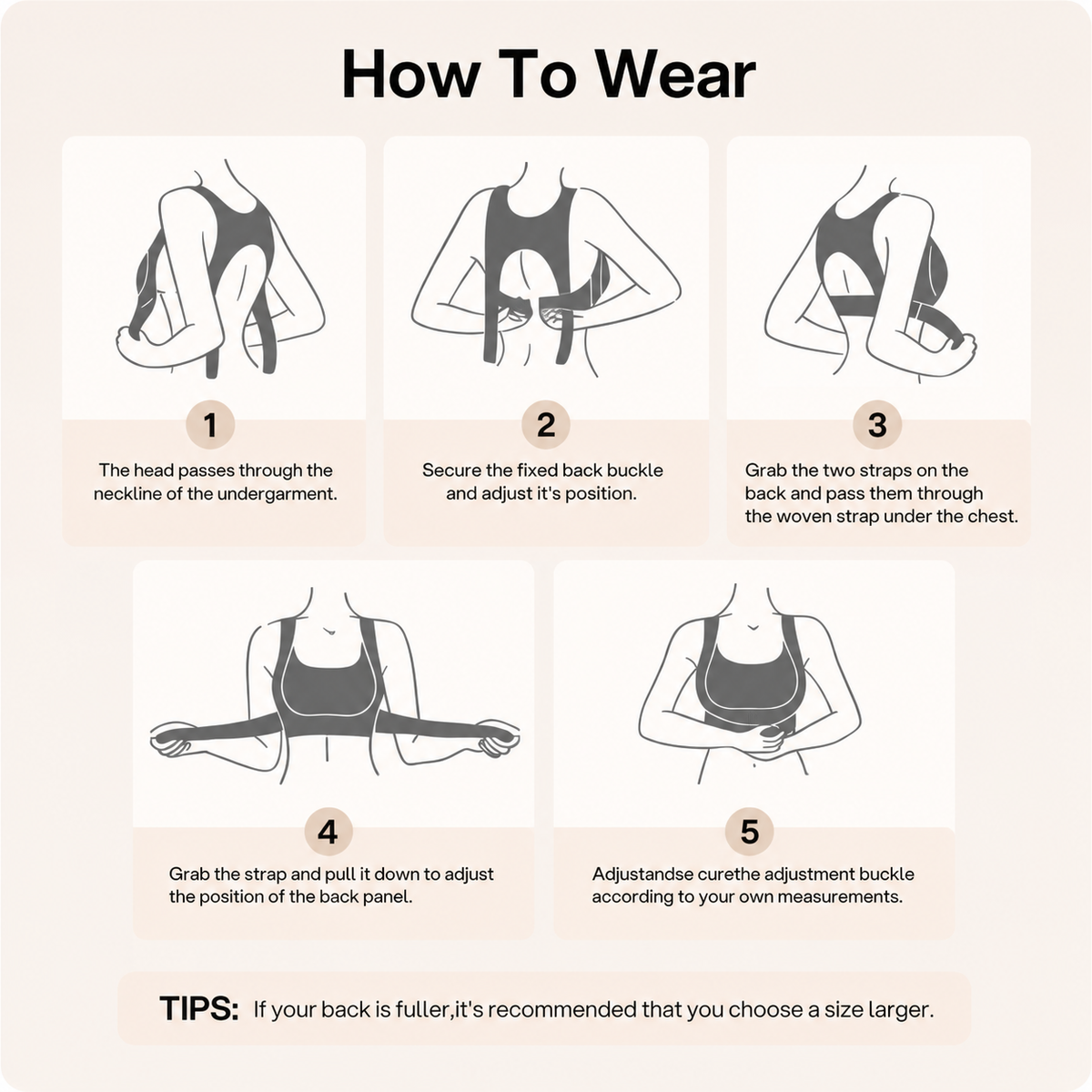 How to wear the Sollevia bra: five illustrated steps, from pulling it over the head to the front closure