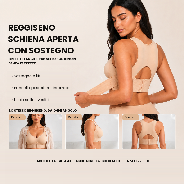 Reggiseno Sollevia nude visto di fronte, di lato e di dietro, con il pannello posteriore